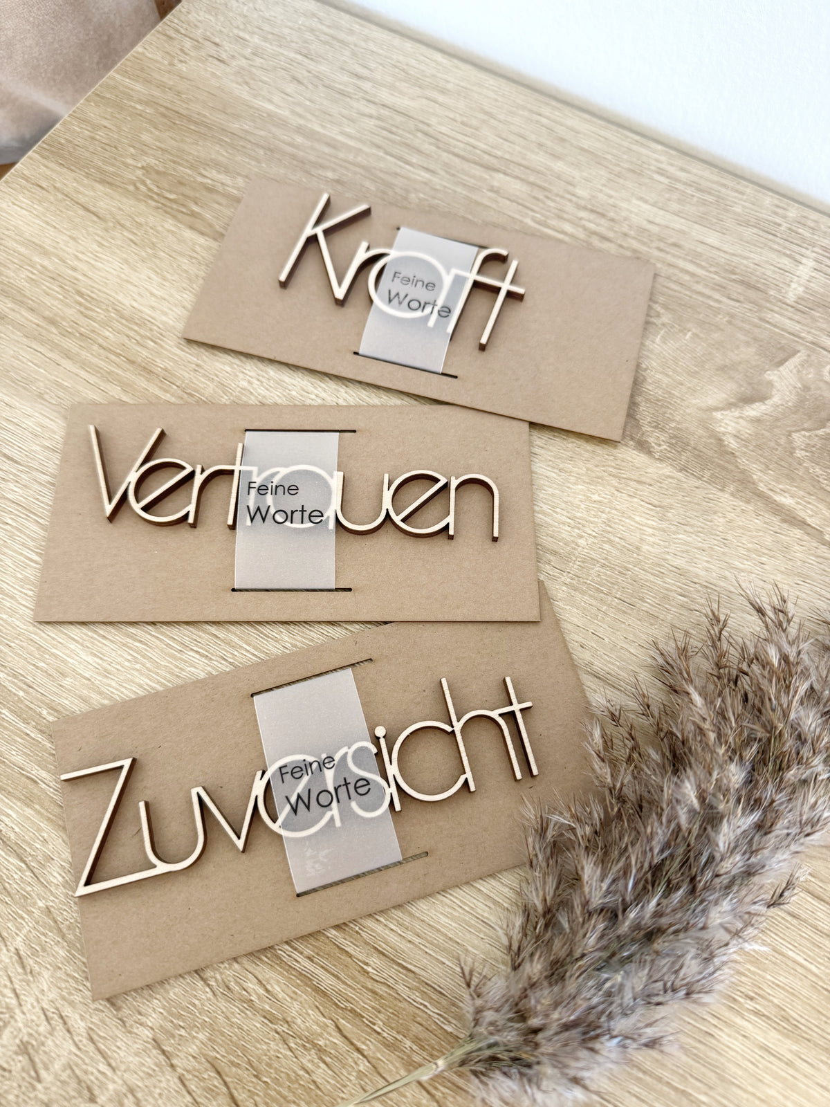 Schriftzüge aus Hole : "Kraft", "Vertrauen", "Zuversicht"auf Pappe neben Trockengras