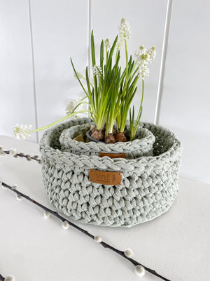 Zwei salbeifarbene ineinandergestellte Körbe verbreiten Frühlingsambiente. Im kleinerem steht ein Topf mit weißen Zwerghyazinten, davor liegt ein Zweig Kätzchen