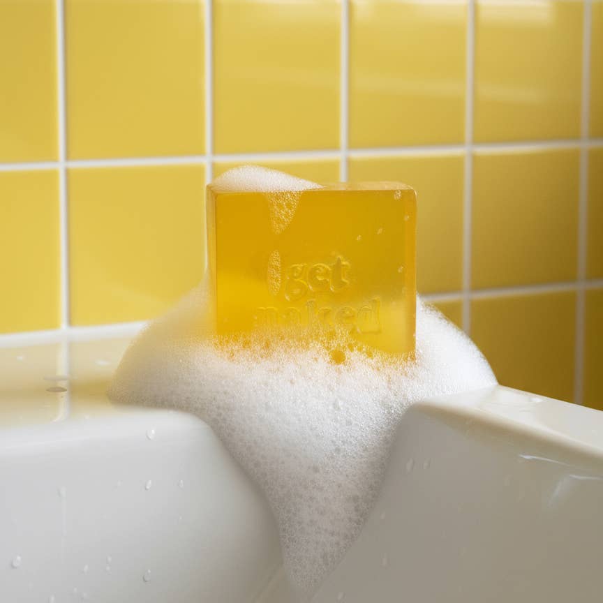 gelbe, leicht transparente seife mit dem Aufdruck gut naget, aufgeschäumt am Waschbeckenrand. dearsoap