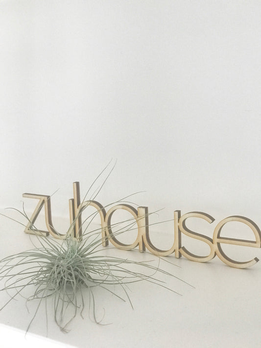 stehender Schriftzug "zuhause" aus Holz , dvor eine grüne luftpflanze